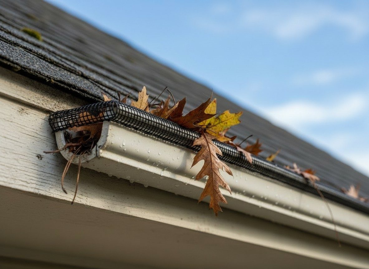 The same gutter fitted with a mesh gutter guard that keeps leaves out, illustrative example
