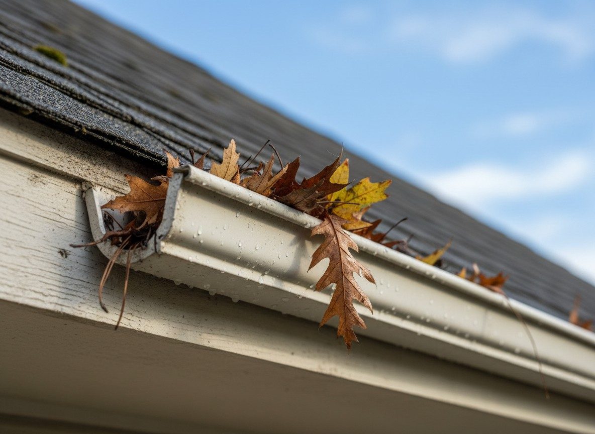 An open gutter collecting leaves before guards are installed, illustrative example