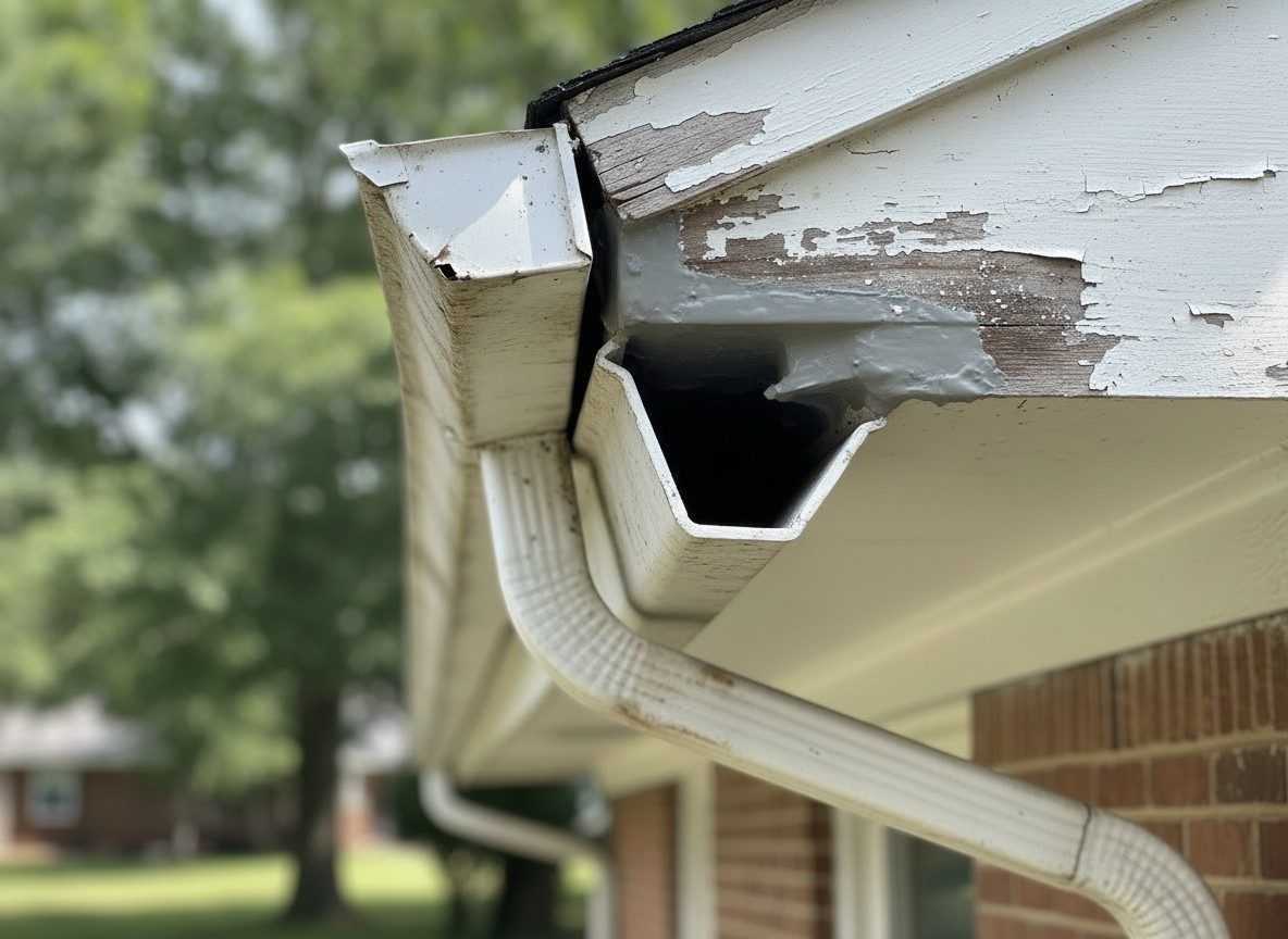 The same gutter section re-secured and sealed after repair, illustrative example