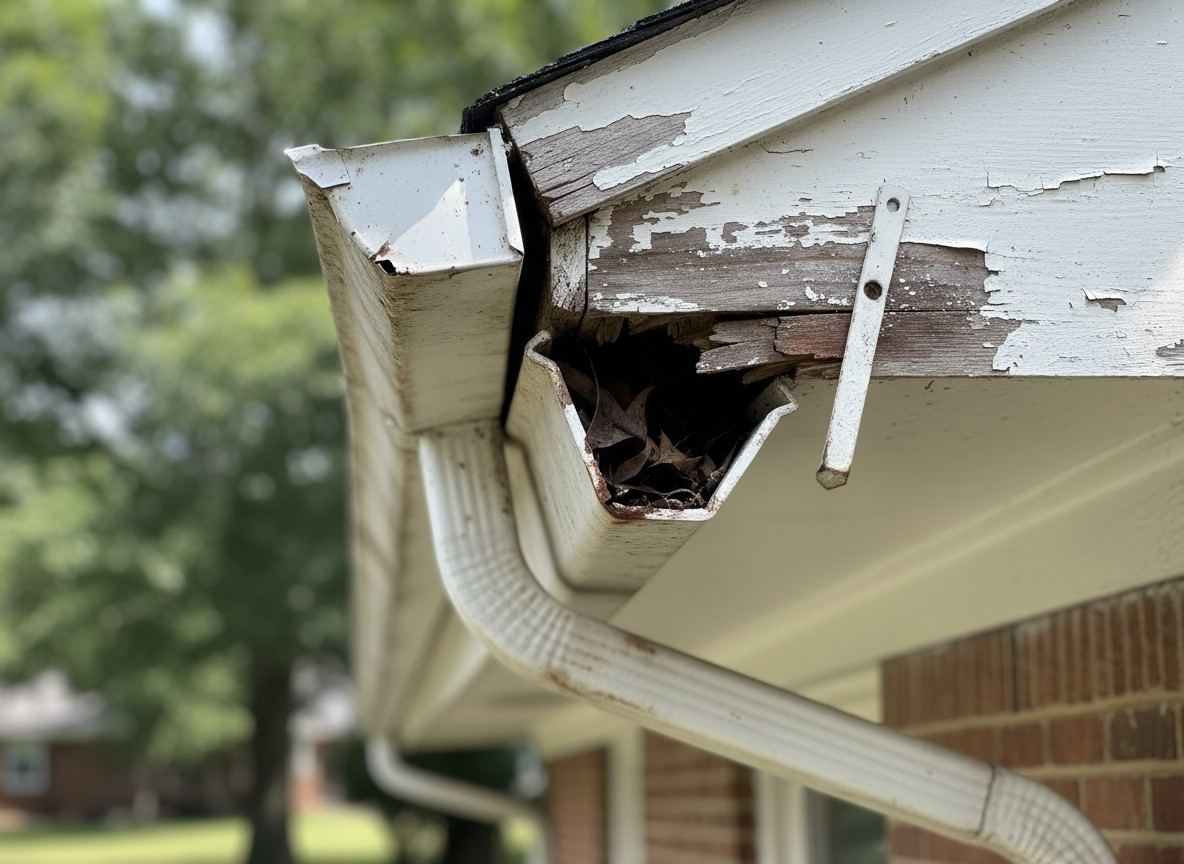 A damaged, sagging gutter section pulling away from the fascia before repair, illustrative example
