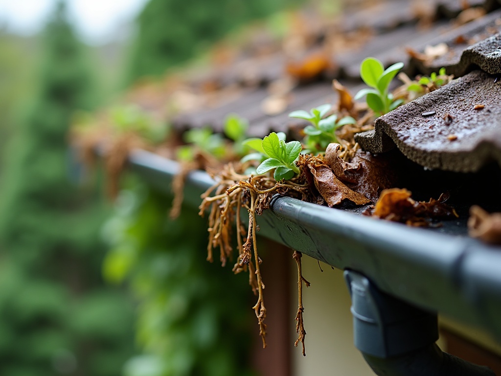A clogged gutter overflowing with leaves and debris